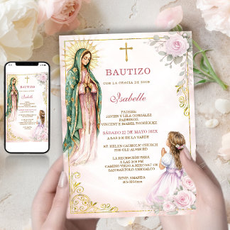Guadalupe Jungfru Dopning Flicka Rosa Rosor Guld Inbjudningar