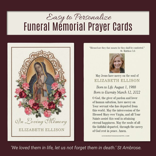 Guadalupe katolsk Blommigt Funeral Prayer Card Visitkort (Our Lady of Guadalupe Traditional Catholic Funeral Memorial Prayer Cards)