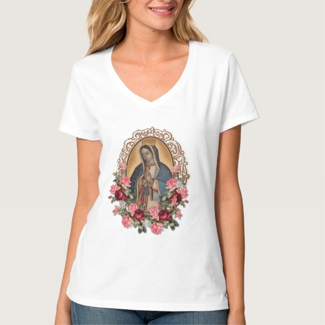 Guadalupe Spansk katolsk Ro Virgin Mary T Shirt (Framsida)