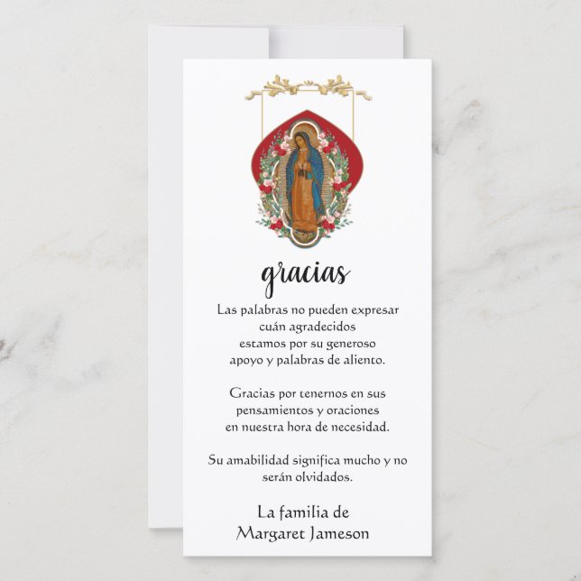 Guadalupe Virgin Mary Funeral Condolence Spanska Tack Kort (Framsida)