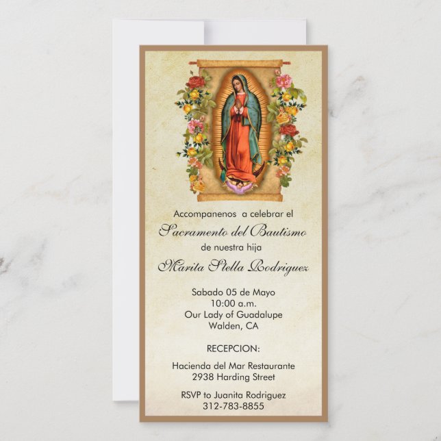 Guadalupe Virgin Mary Spansk baptism Christel Tack Kort (Framsida)