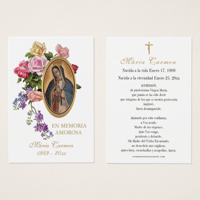 Guadalupe Virgin Mary Spansk Funeral Heliga Prayer Visitkort (Framsida & baksida)