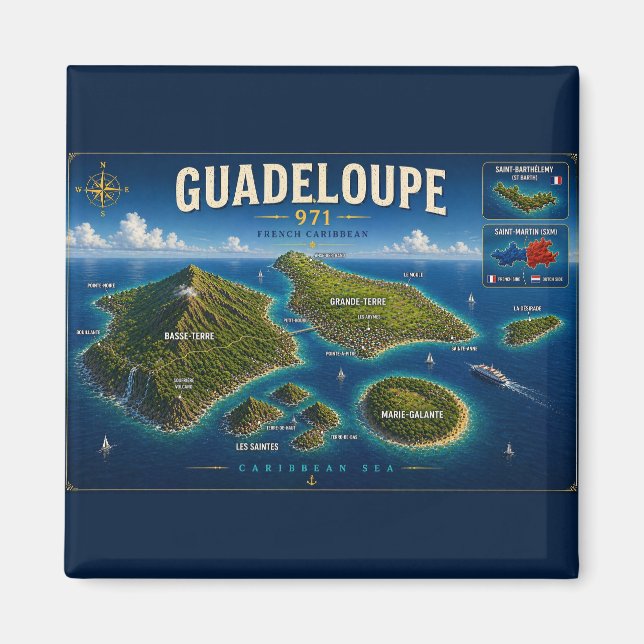 Guadeloupe 971 Vintage Map Magnet (Framsidan)