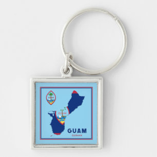 Guam Flagga Karta & Seal Fyrkantig Silverfärgad Nyckelring