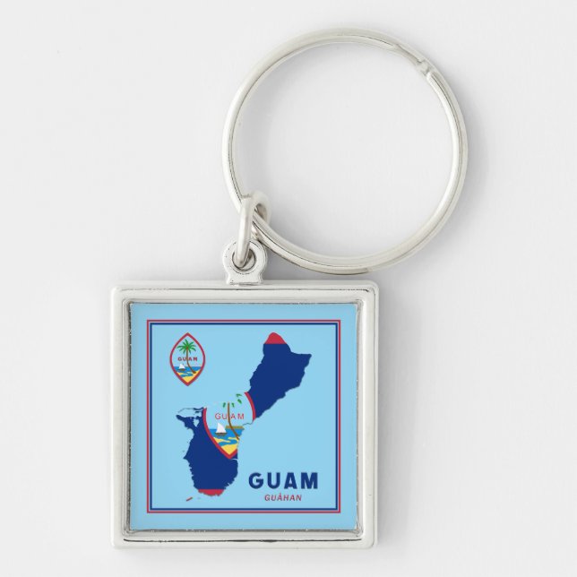 Guam Flagga Karta & Seal Fyrkantig Silverfärgad Nyckelring (Framsidan)