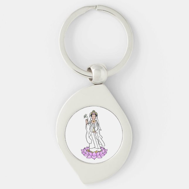 Guan Yin Bodhisattva på Lotus Metall Keychain Swirl Silverfärgad Nyckelring (Framsidan)
