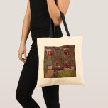 Guardaboschi, Gustav Klimt, Vintage Art Tygkasse<br><div class="desc">Guardaboschis hus (1912) av Gustav Klimt är en vintage av brans viktorianska konst som symbolismmålning. En yttre syn på ett stughus i land med blommor och växter i fönstren och vivel på väggarna. En blå bänk är mot hemmet som förbiser trädgården. Om konstnären: Gustav Klimt (1862-1918) var en österrikisk symbolmålare...</div>