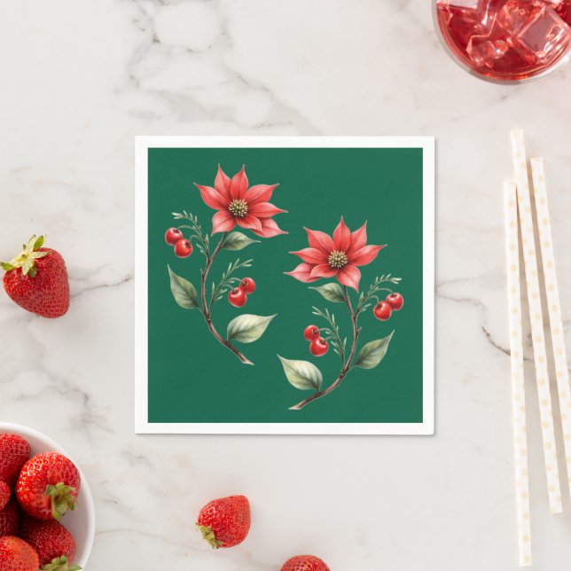 Guardanapo  papel  Natal verde e Flores Vermelhas Pappersservett (Insitu)
