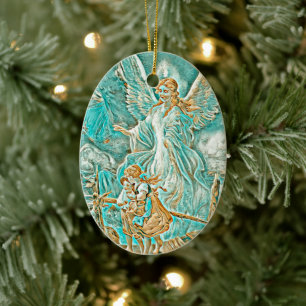 Guardian Angel, Children and Bridge Guld and Teal Julgransprydnad Keramik