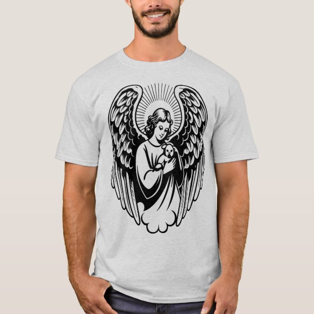 Guardian Angel Embracing Beloved Pet T Shirt (Framsida)