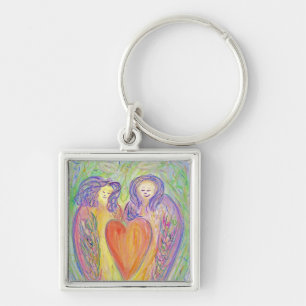Guardian Angel Kärlek Heart Pendant Keychain Charm Fyrkantig Silverfärgad Nyckelring
