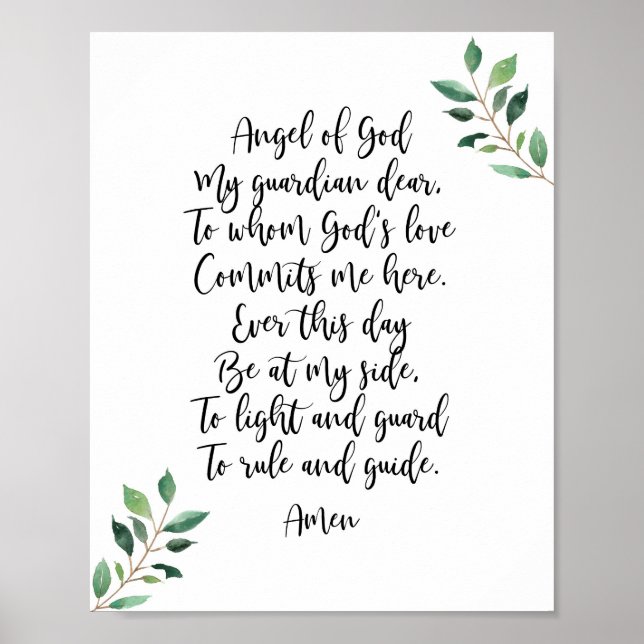 Guardian Angel katolska Prayer Print Calligraphy Poster (Framsidan)