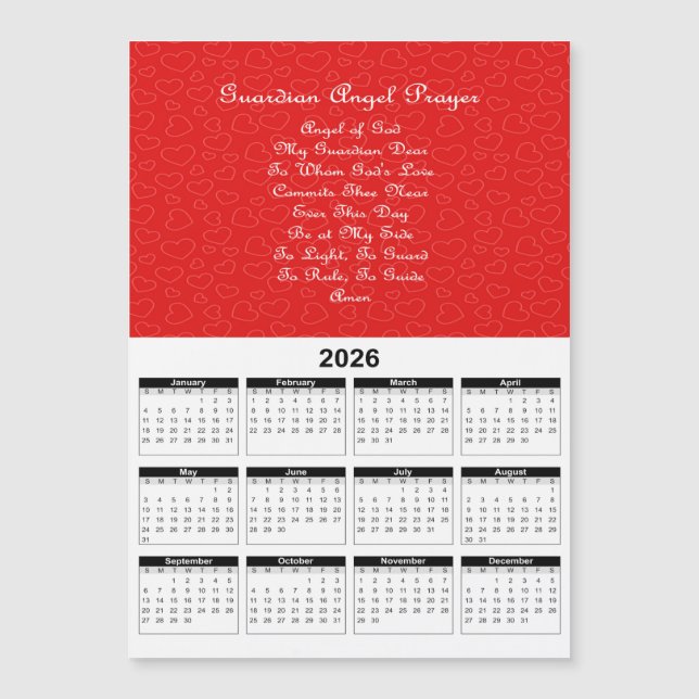 Guardian Angel Prayer röda hjärtan 2026 kalender (Framsida)