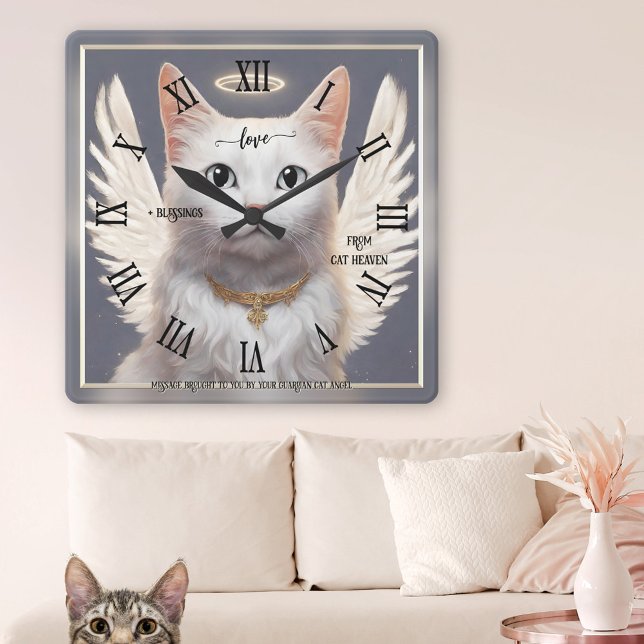 Guardian Cat Angel Finkonst Fyrkantig Klocka (Wall clock featuring a painting of a white guardian cat angel)