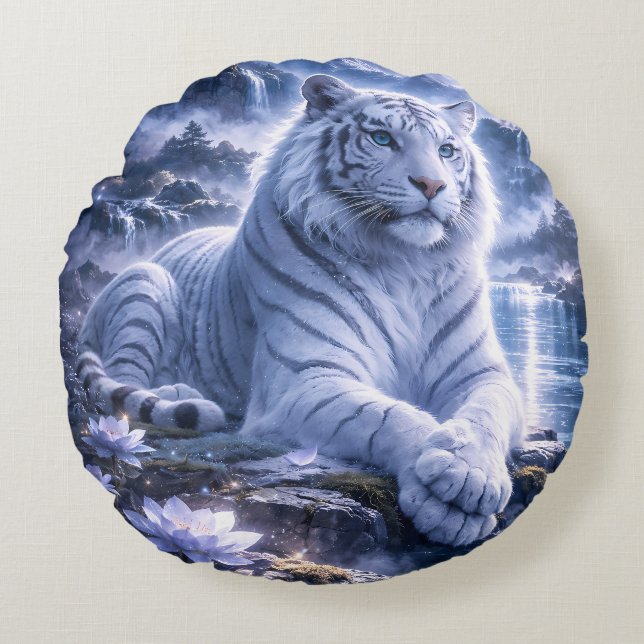 Guardian White Tiger – Silent Strength and Gentle  Rund Kudde (Framsidan)