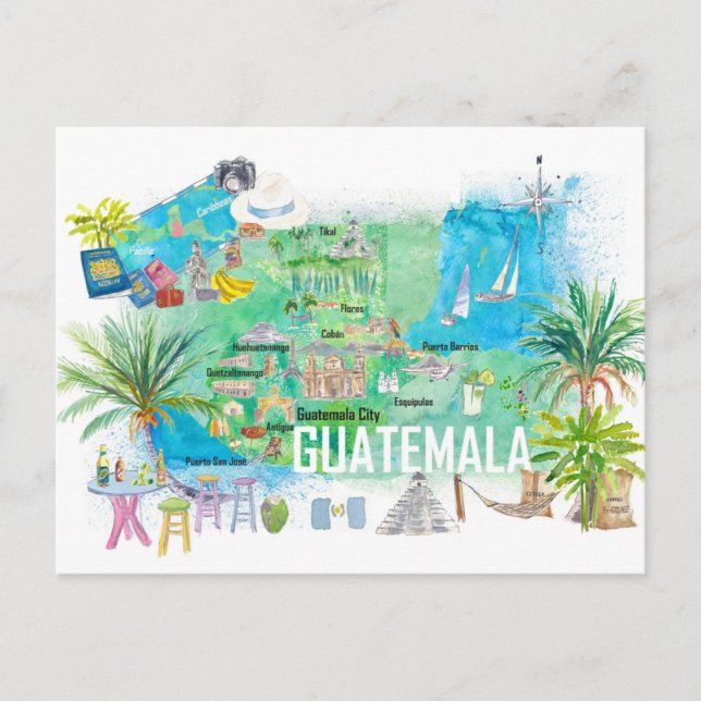 Guatemala Illustrerad Reskarta med Vägar  Vykort (Framsida)