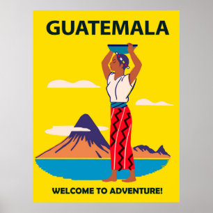 Guatemala, kvinna i folkdräkt med tallrik på huvud poster