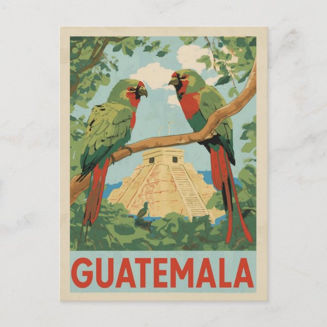Guatemala Mayan Ruins & Tropical Birds Travel Art Vykort (Framsida)