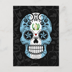 Guatemalan Flagga Sugar Skull med Rosor Vykort