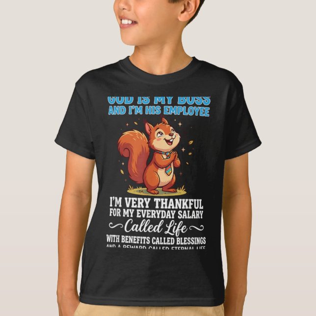 Gud är chef och anställd tacksam för t shirt (Framsida)