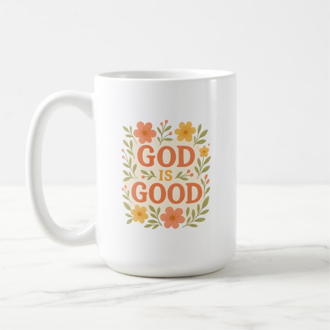 Gud är god kristen trosblomma citat kaffemugg (Vänster)