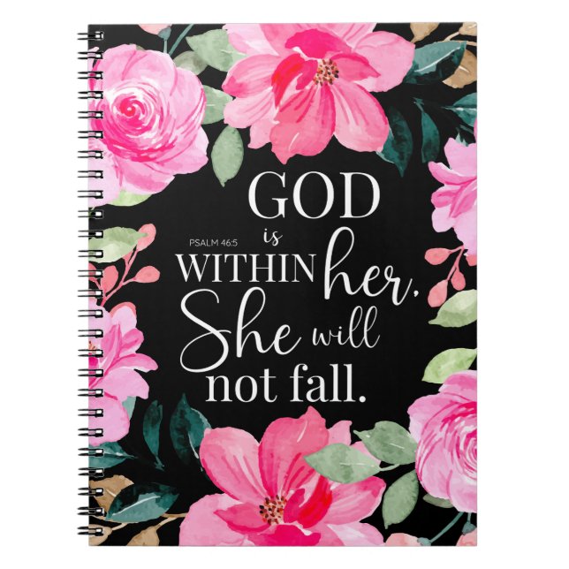 Gud är inom henne - Psalm 46:5 Rosa Blommigt Anteckningsbok (Framsidan)