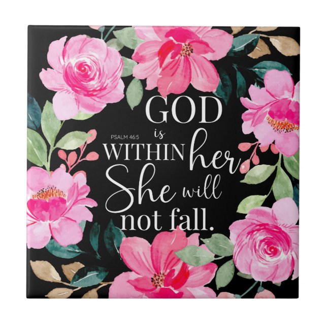 Gud är inom henne - Psalm 46:5 Rosa Blommigt Kakelplatta (Framsidan)