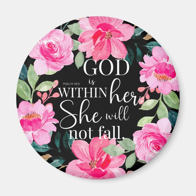 Gud är inom henne - Psalm 46:5 Rosa Blommigt Magnet (Framsidan)
