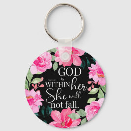 Gud är inom henne - Psalm 46:5 Rosa Blommigt Nyckelring