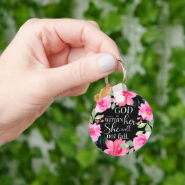 Gud är inom henne - Psalm 46:5 Rosa Blommigt Nyckelring