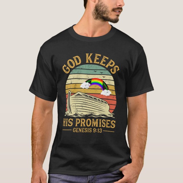 Gud Behållor sina löften Rainbow Noah Ark Jesus Ch T Shirt (Framsida)