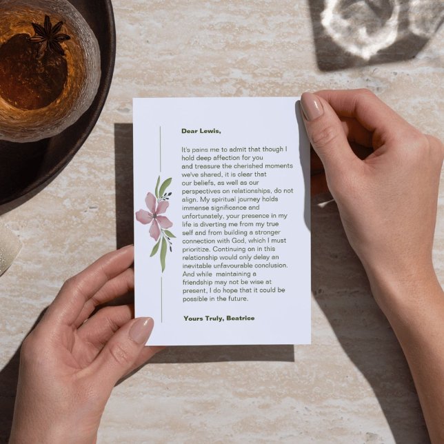 Gud Center-uppdelningskort Meddelande (A breakup card acknowledging the union's end due to God not being at its center.)