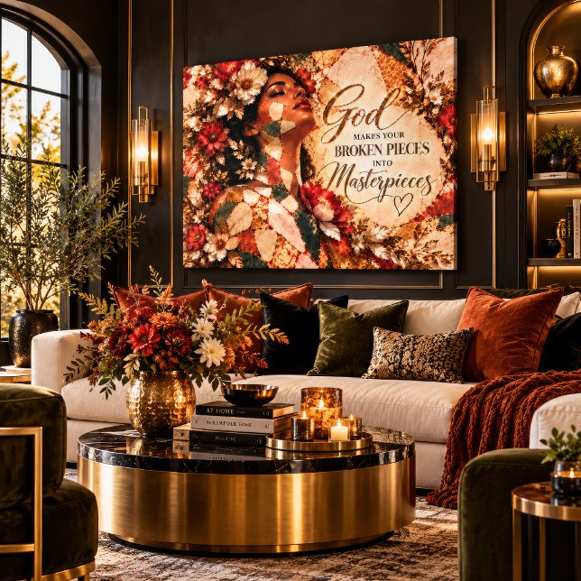 Gud gör trasiga bitar till canvas-konst canvastryck (Christian Kintsugi floral canvas in a luxury black, gold and terracotta living room.)