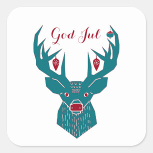 Gud Jul Scandinavian Blue and Red Reindeer Fyrkantigt Klistermärke