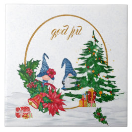 Gud Jul svensk Gnomes Blue Couple Ceramic Tile Kakelplatta