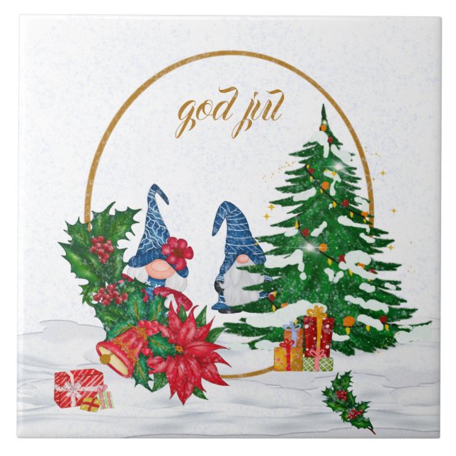 Gud Jul svensk Gnomes Blue Couple Ceramic Tile Kakelplatta (Framsidan)