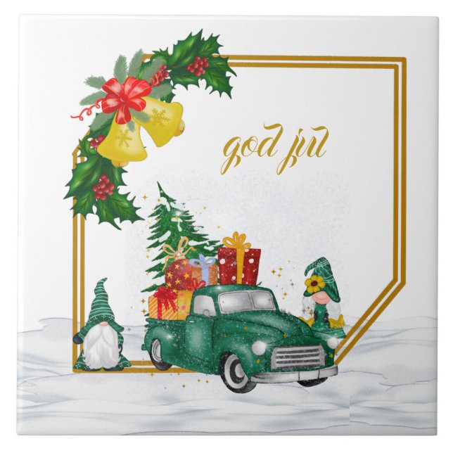 Gud Jul svensk Gnomes Grönt par Ceramic Tile Kakelplatta (Framsidan)