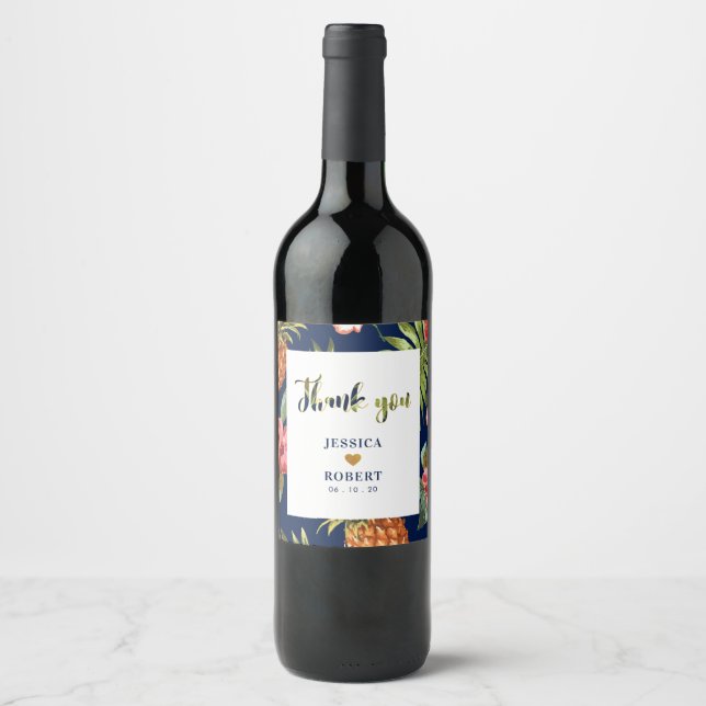 Gud & Marin | Tropisk Bröllopskustomiserad Vinetik Vinflaska Etikett (Framsida)