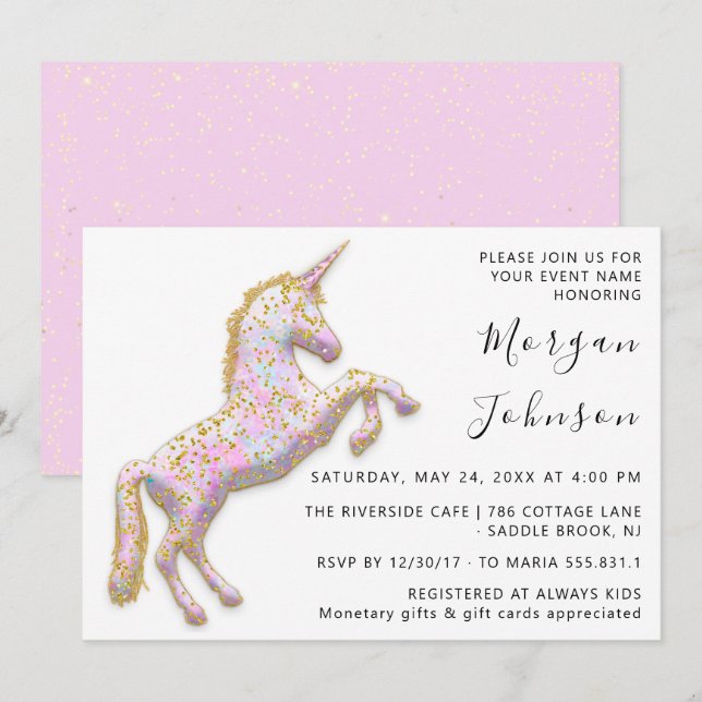 Gud Pink Enhörning Häst Vit Födelsedag Baby Shower Inbjudningar (Fram/baksida)