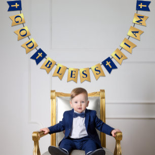 Gud välsigna Namn Guld Royal Blå Dop Kommunion Vimplar