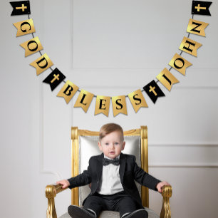 Gud välsigna Namn Svart Guld Religiös Konfirmation Vimplar