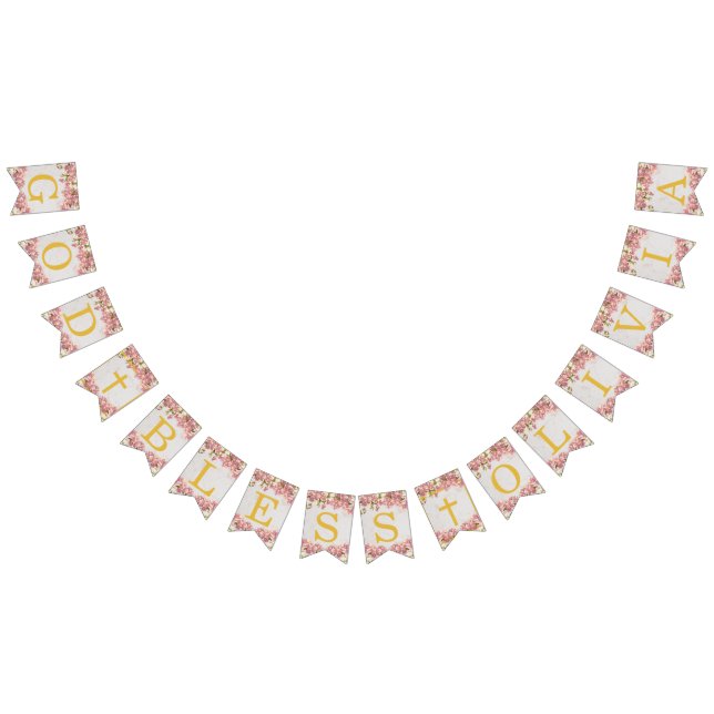 Gud välsigne 6 Bokstäver Rosa Orkidéer Dop Kommuni Vimplar (Alla)