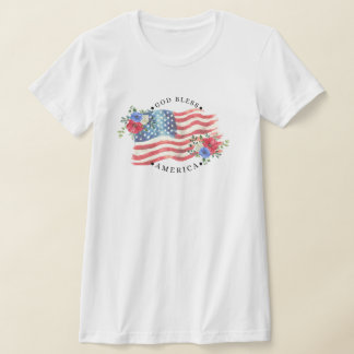 Gud välsigne Amerika med akvarellflagga/blommor T Shirt