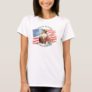 Gud välsigne Amerika med flagga/örn/blommor T Shirt