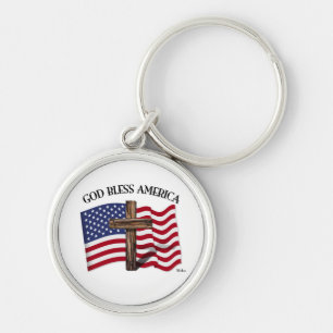 GUD VÄLSIGNE AMERIKA med robust kors & amerikansk  Rund Silverfärgad Nyckelring