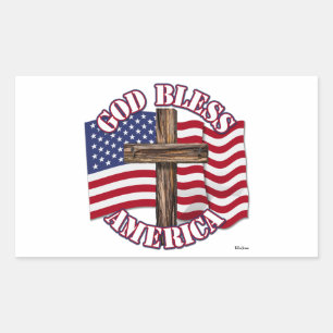 Gud välsigne Amerika med USA-flagga och kors Rektangulärt Klistermärke