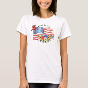 Gud välsigne Amerika Vattenfärg Flagga/Blommor/Fåg T Shirt