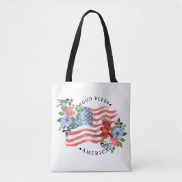 Gud välsigne Amerika Vattenfärg Flagga/Blommor/Fåg Tygkasse