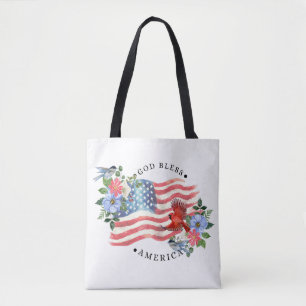 Gud välsigne Amerika Vattenfärg Flagga/Blommor/Fåg Tygkasse