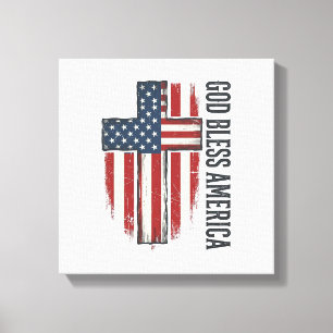 Gud välsigne Amerika Vintage Patriotisk Kors Desig Canvastryck